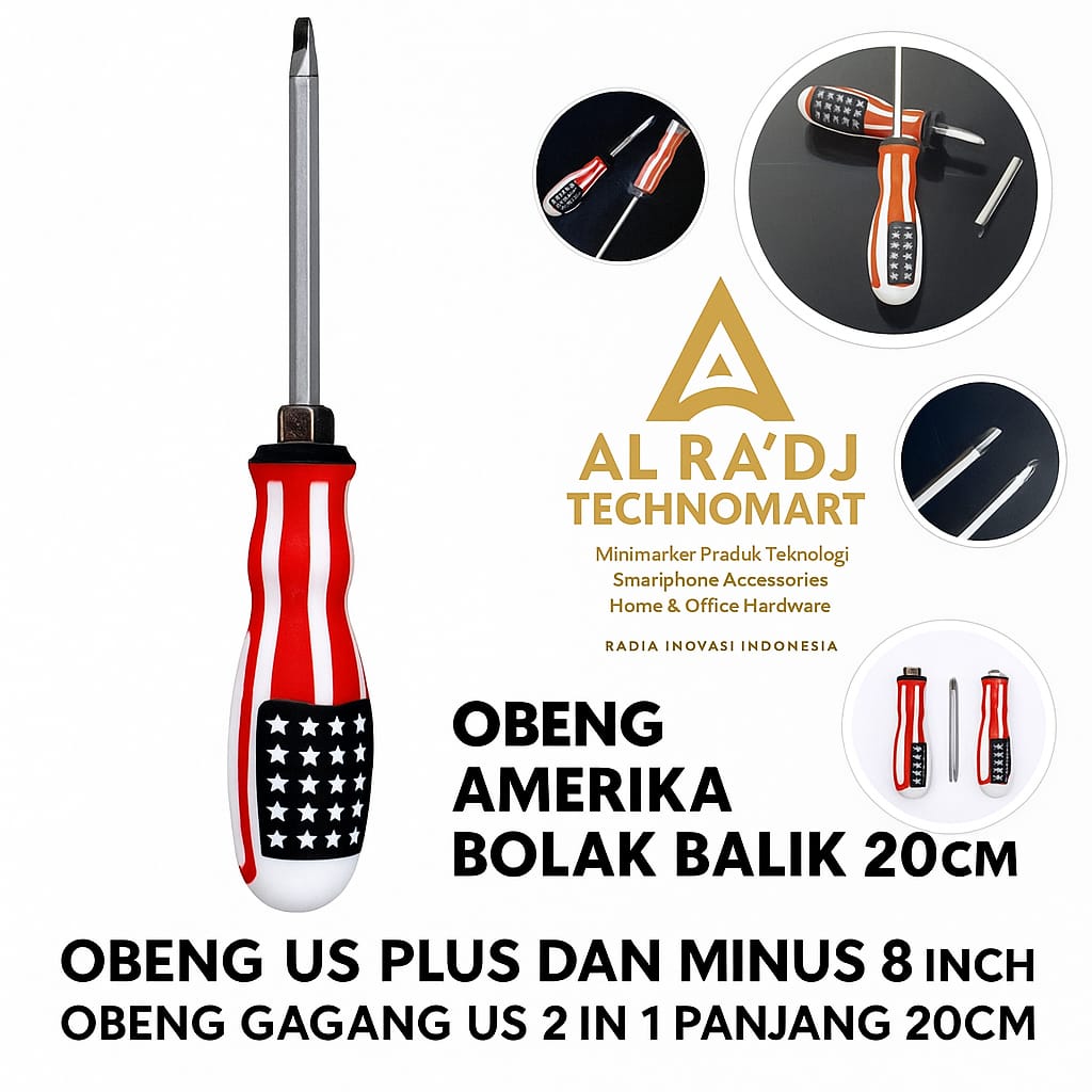Obeng Amerika Bolak Balik 20cm / Obeng US Plus dan Minus 8 inch / Obeng Gagang US 2 in 1 panjang 20cm