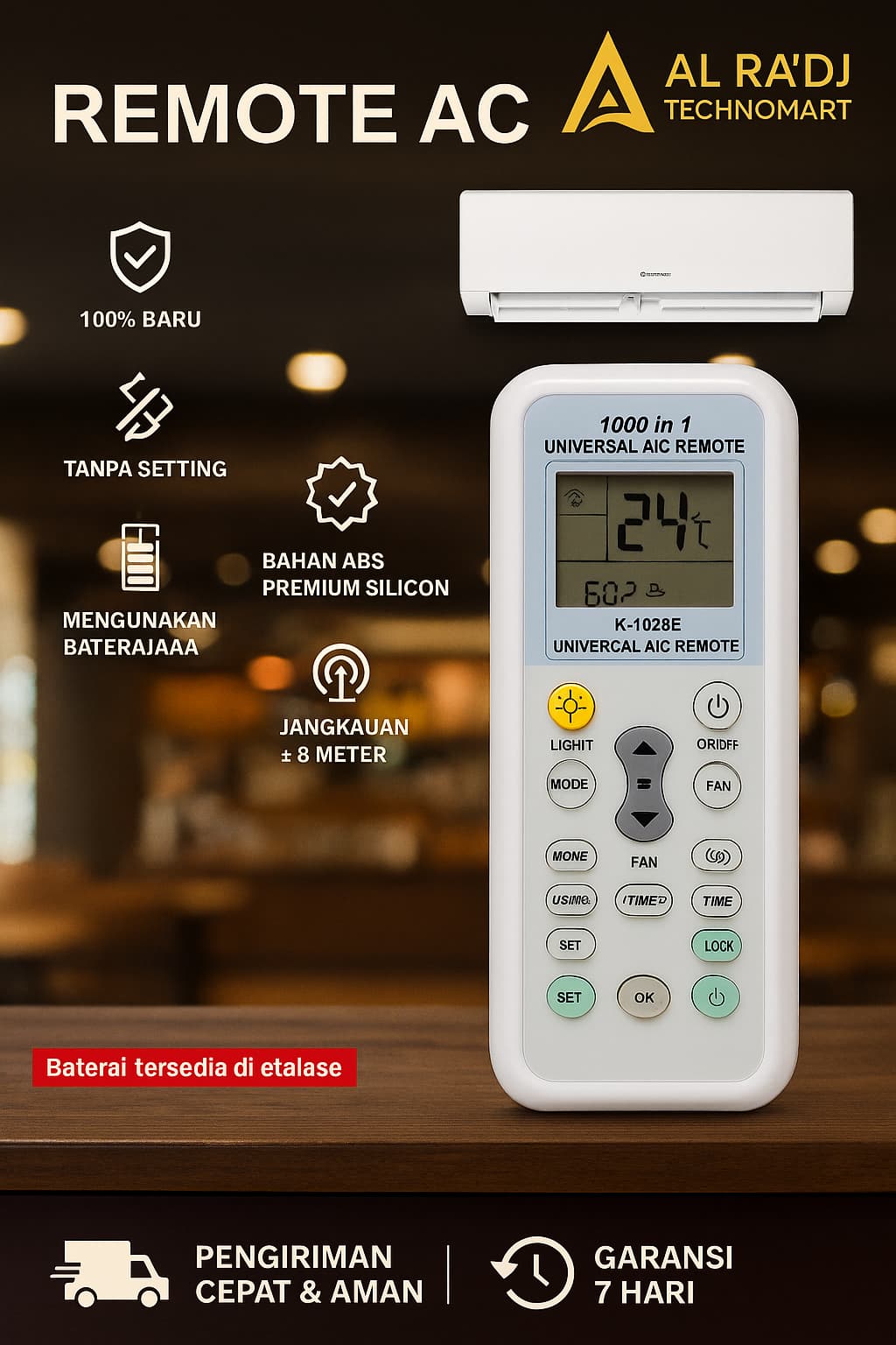 Remote control AC universal versi bahasa Inggris K-1028E